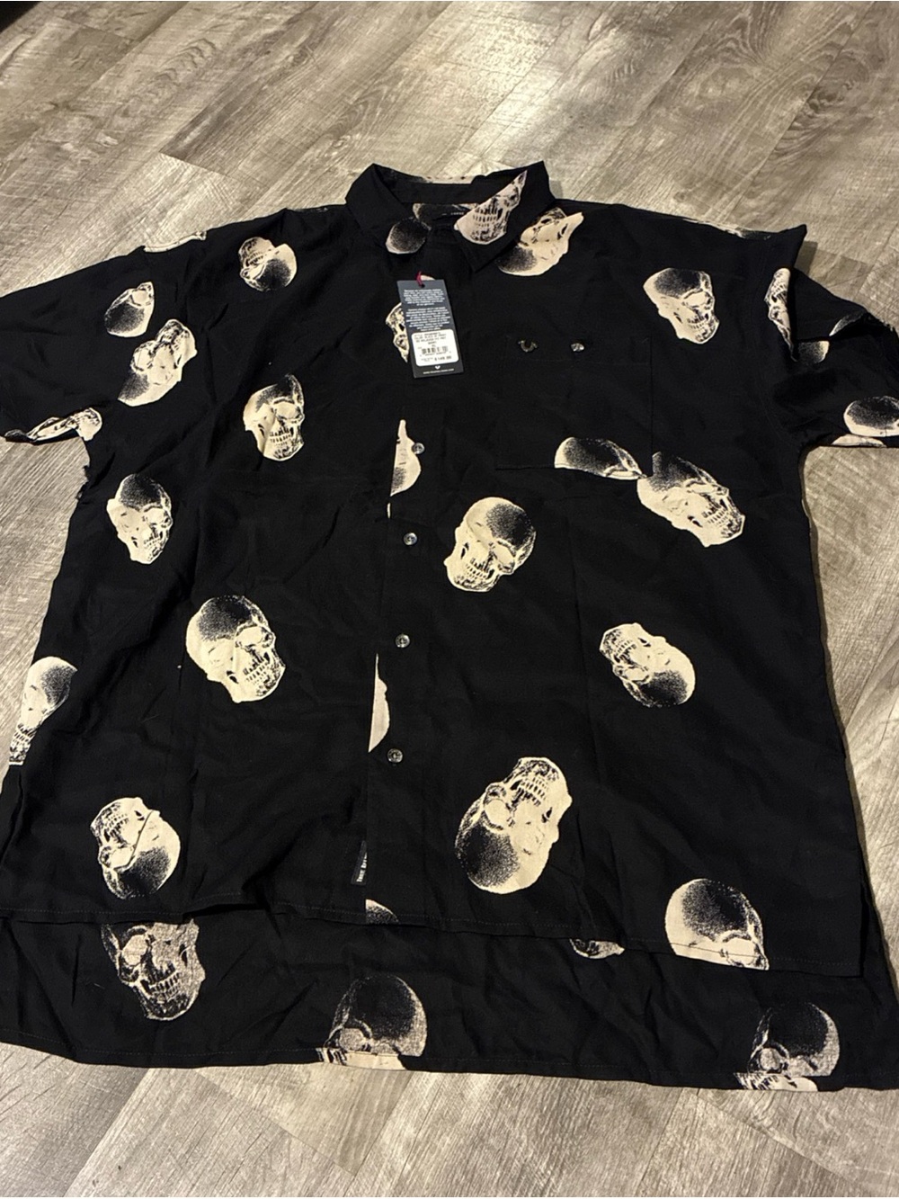 True Religion Skull 💀 Heads Print Collar Black Button Up Short Sleeve Shirt XL